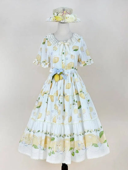 Chick Sleeves for Short Summer White Lolita Dress Print and Lemon Spring
