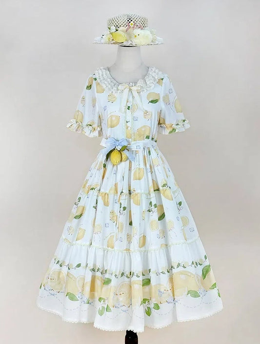 Kükenärmel für kurzes weißes Lolita-Sommerkleid mit Print und Zitronen-Frühling