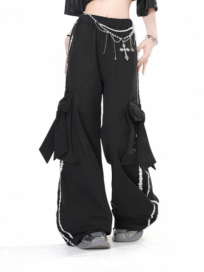 Cargohose mit großen Taschen, Schwarz, weites Bein, mit Schleife