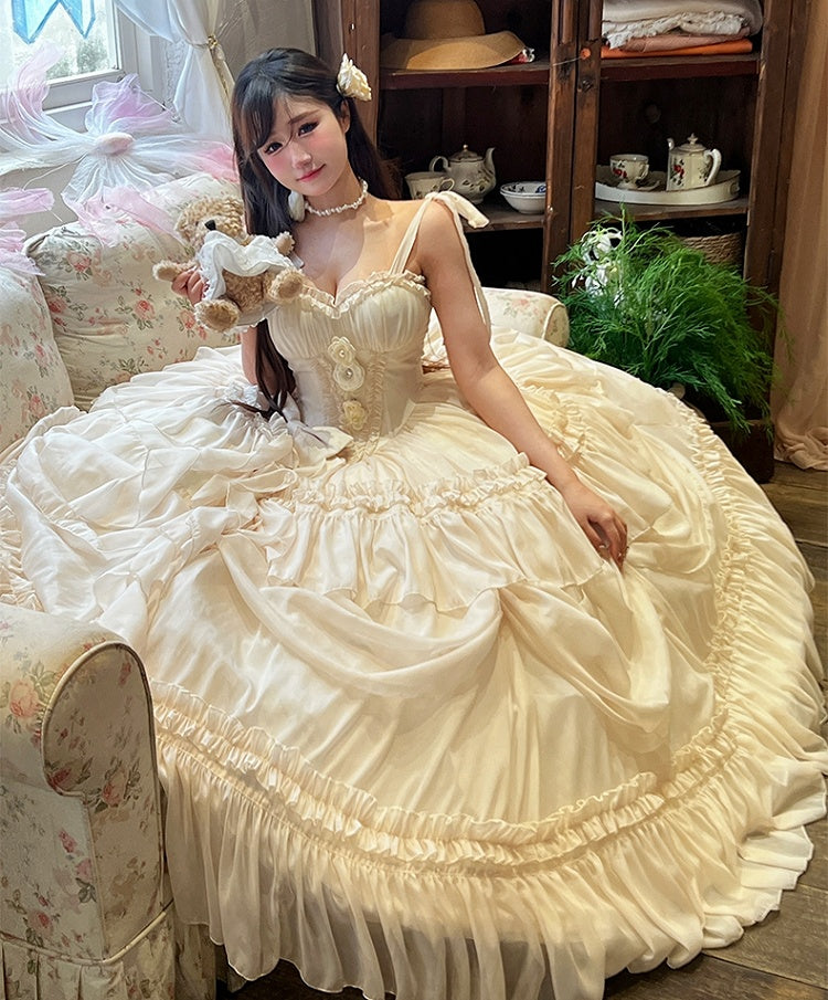 Dress Corset Gorgeous Waist Length Floor Flowers Apricot Gown Adorned Birthday