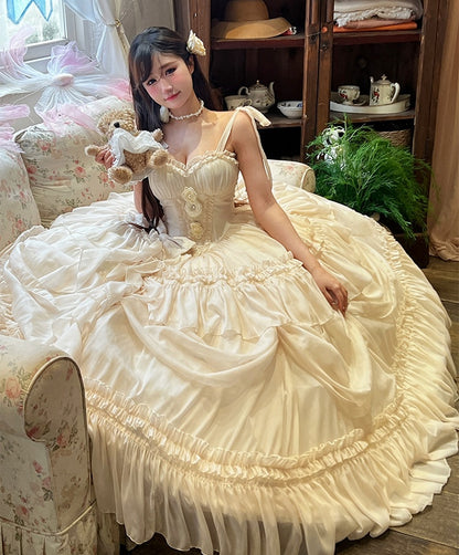 Dress Corset Gorgeous Waist Length Floor Flowers Apricot Gown Adorned Birthday