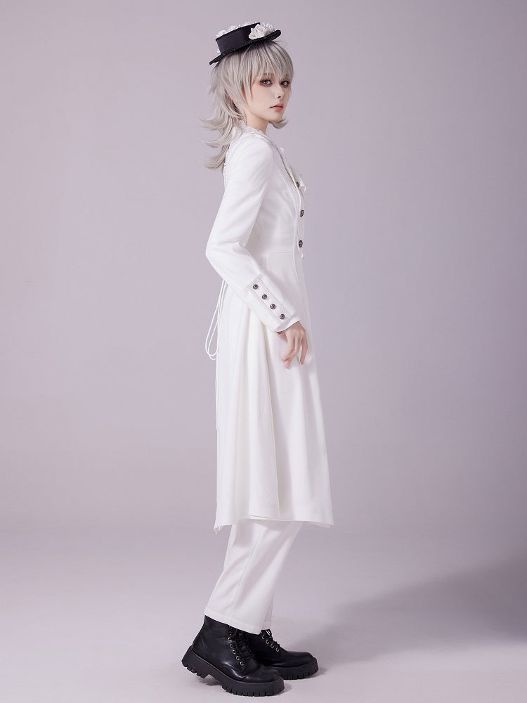 White Jacquard Coat with Zip Closure, Lace-Up Back, and Cutout Detail - DevilInspired Exclusive Collection