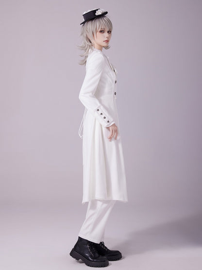 White Jacquard Coat with Zip Closure, Lace-Up Back, and Cutout Detail - DevilInspired Exclusive Collection