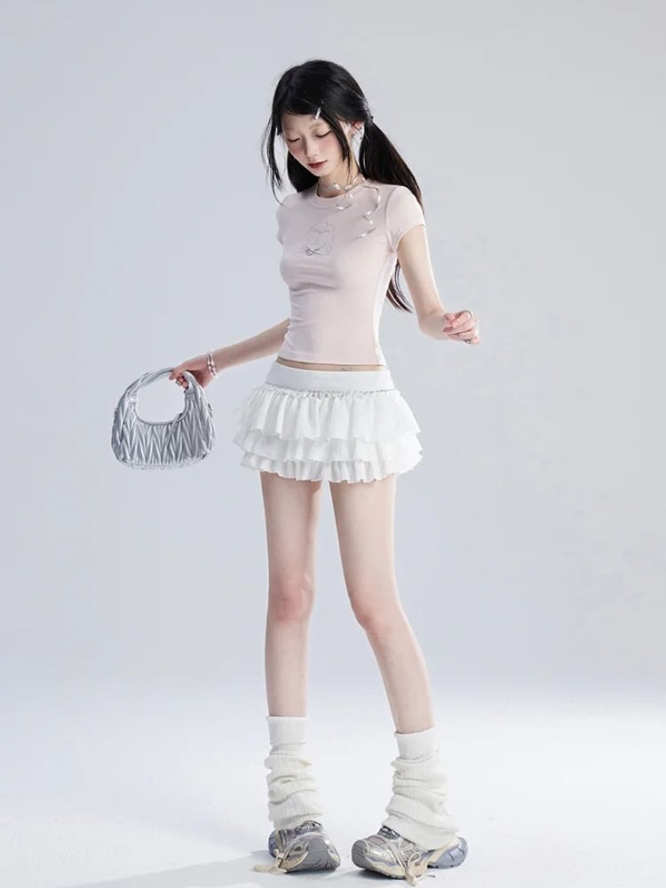 T-Shirt Puppy Print Heart Cropped Adorable Pink Charm Bittersweet