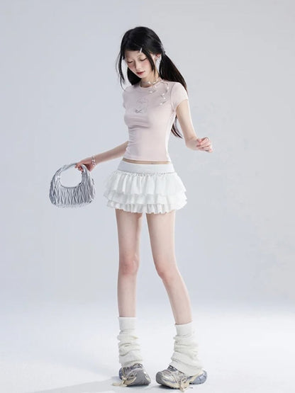 T-Shirt Puppy Print Heart Cropped Adorable Pink Charm Bittersweet