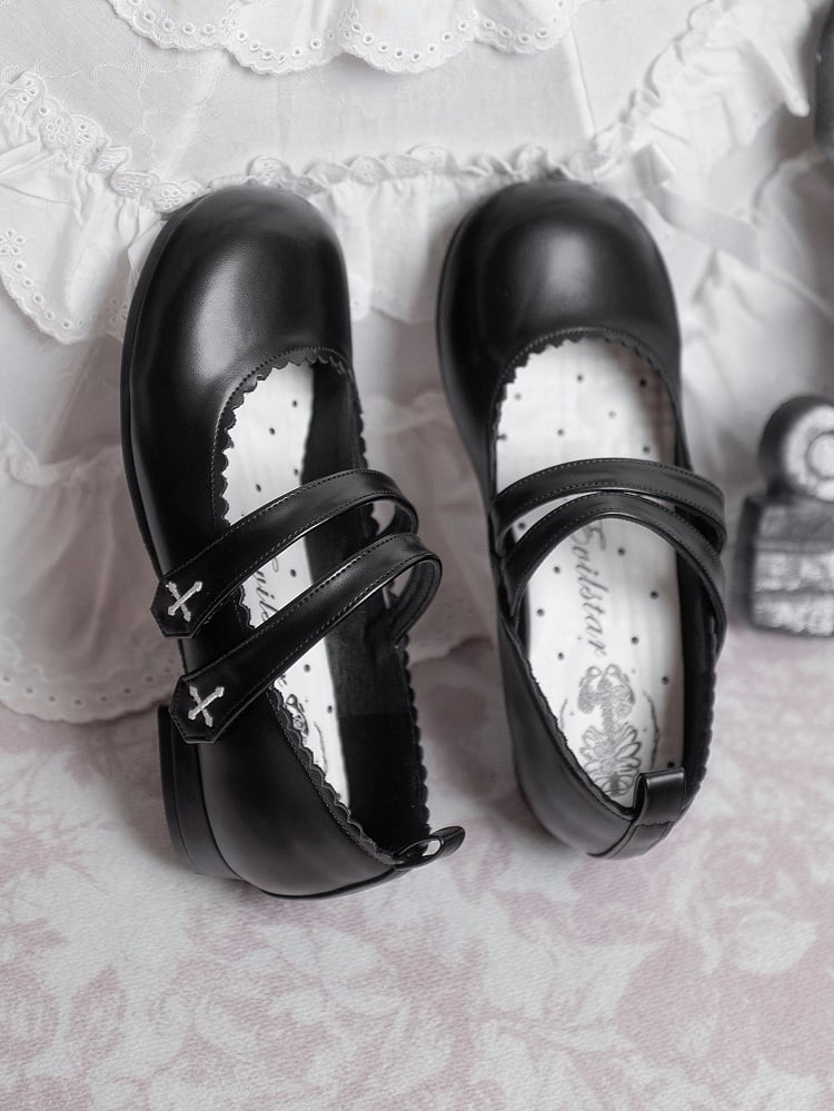 Flats Strap Embroidery Velcro Round Black Toe Cross Gothic Closures