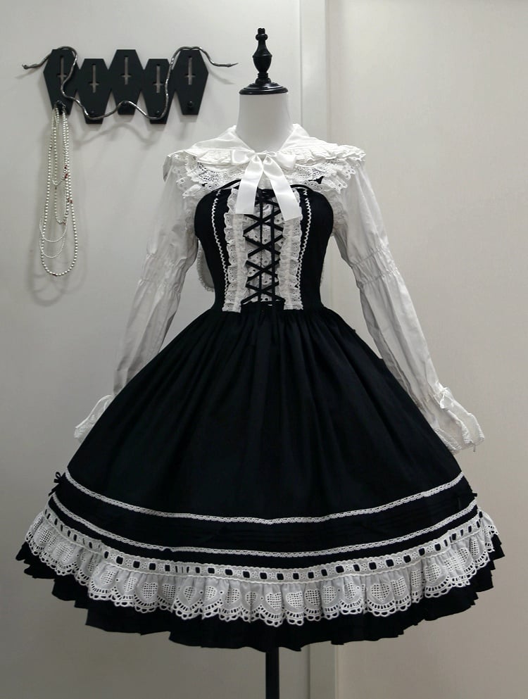 Black Lace-Up Lolita Jumper Skirt with Ruffled Hem