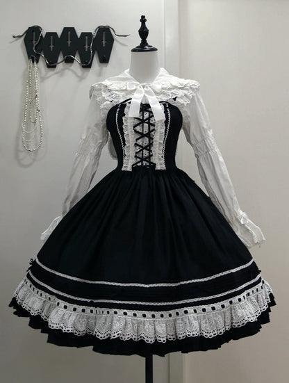 Black Lace-Up Lolita Jumper Skirt with Ruffled Hem