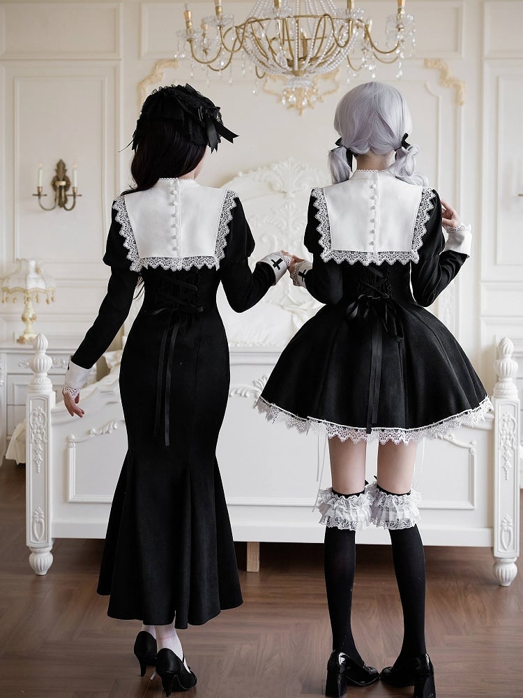 Dress Collar Embroidered Square Neckline + Short White Lolita Black Brooch Bowknot