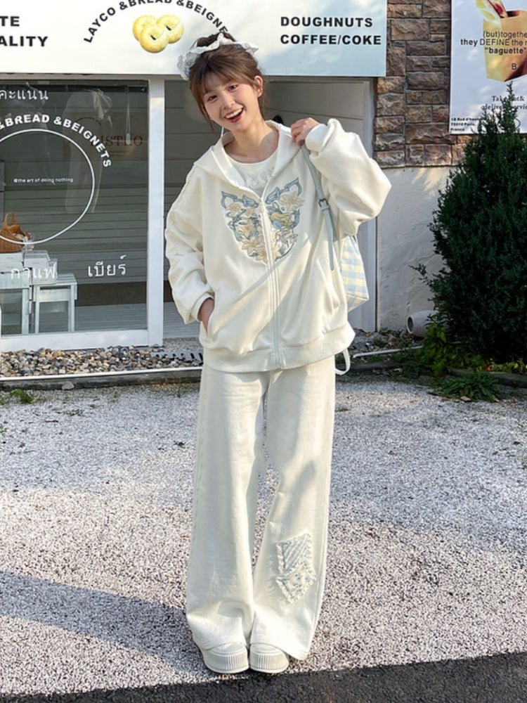 Blue/White Elastic Waist Floral Applique Wide-Leg Pants Regular/Short Version