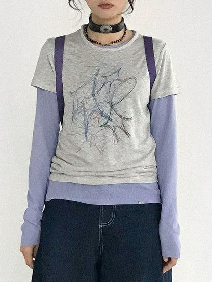 Pattern Version Graffiti Sleeve Gray Neck Round Tee Short in