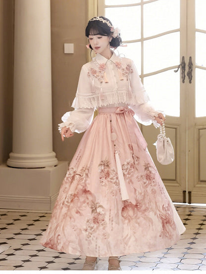 Pink Pleated Skirt with Chinese-Style Floral Print and Beaded Pendant - Han Ru Chu Hanfu &amp; Han-Element Studi
