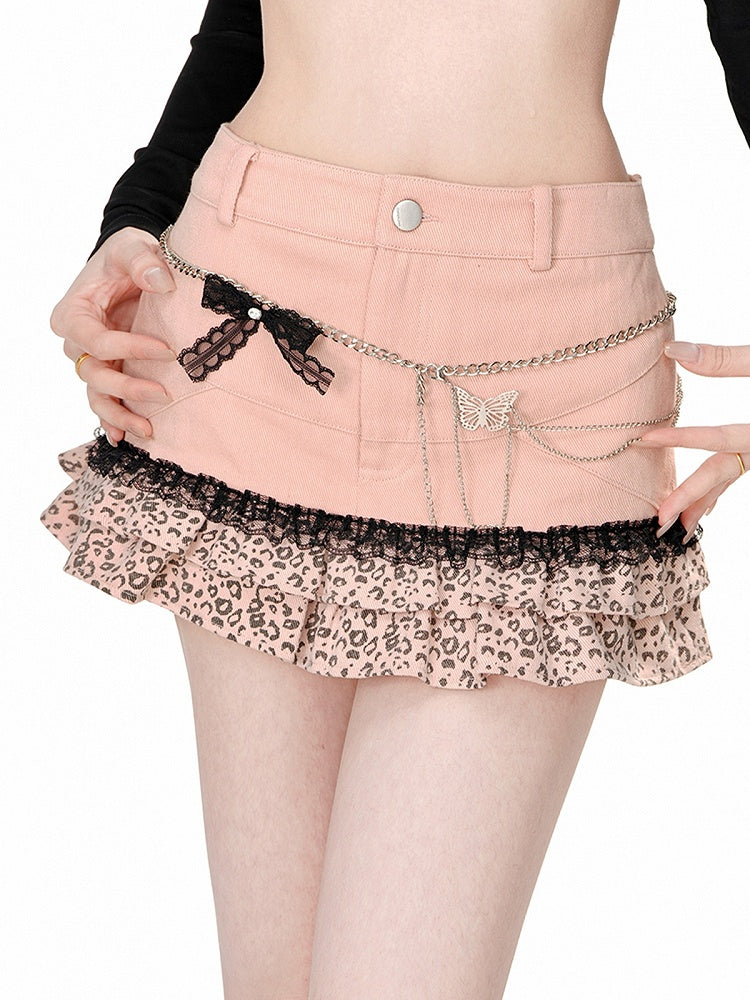 Pink Mini Skirt with Leopard Ruffled Hem and Bow Detail