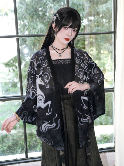 Chinese Gothic Black Chiffon Cardigan with Deer Print - Quirky Hut