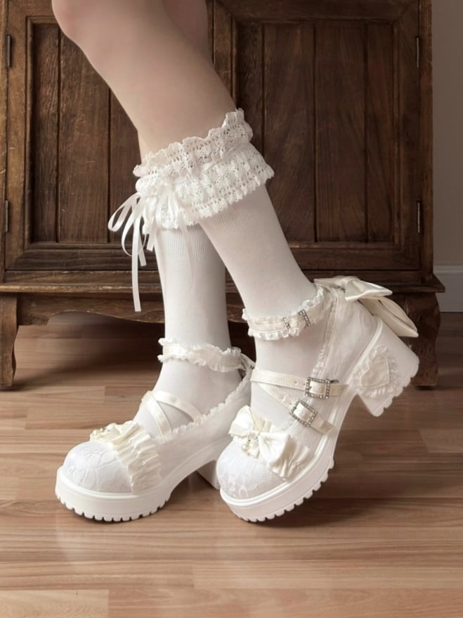 Mid Block Heel Off-white Mary Janes - Rhinestone Clasp with Gather Edging & Bow Accents