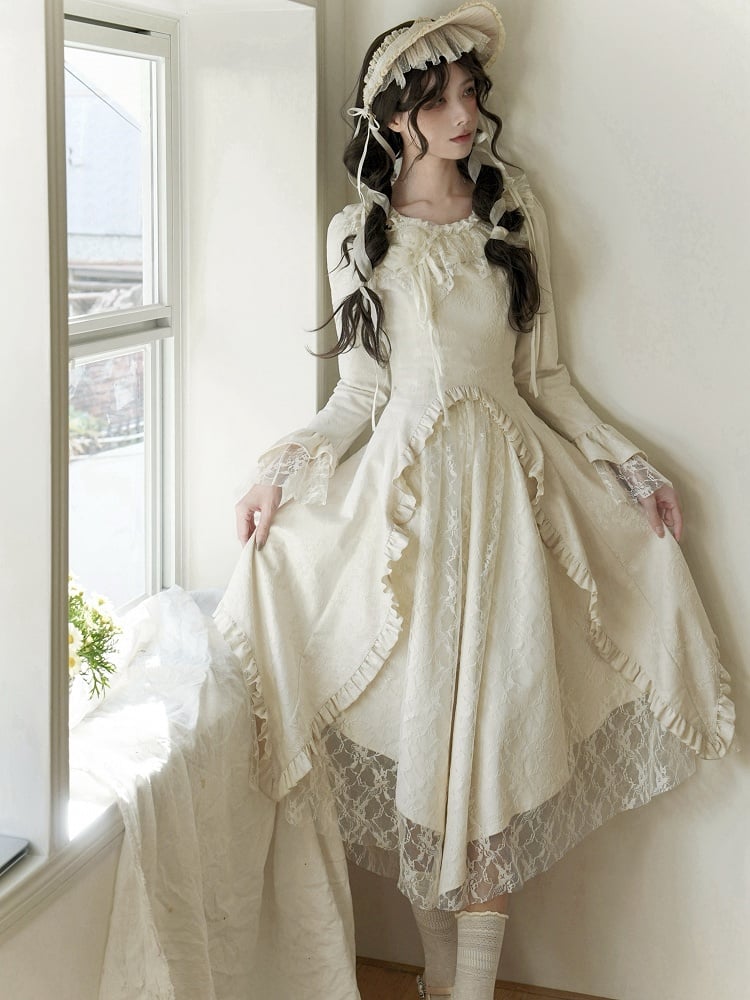 Lolita Dress with Rose Fabric, Lace Panels and Asymmetric Skirt in Beige