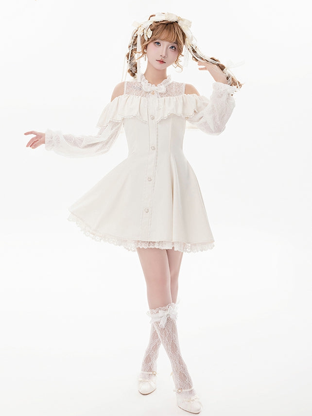 Beiges Jirai Kei-Kleid mit Illusionsausschnitt, ausgeschnittenen Schultern und Fliege