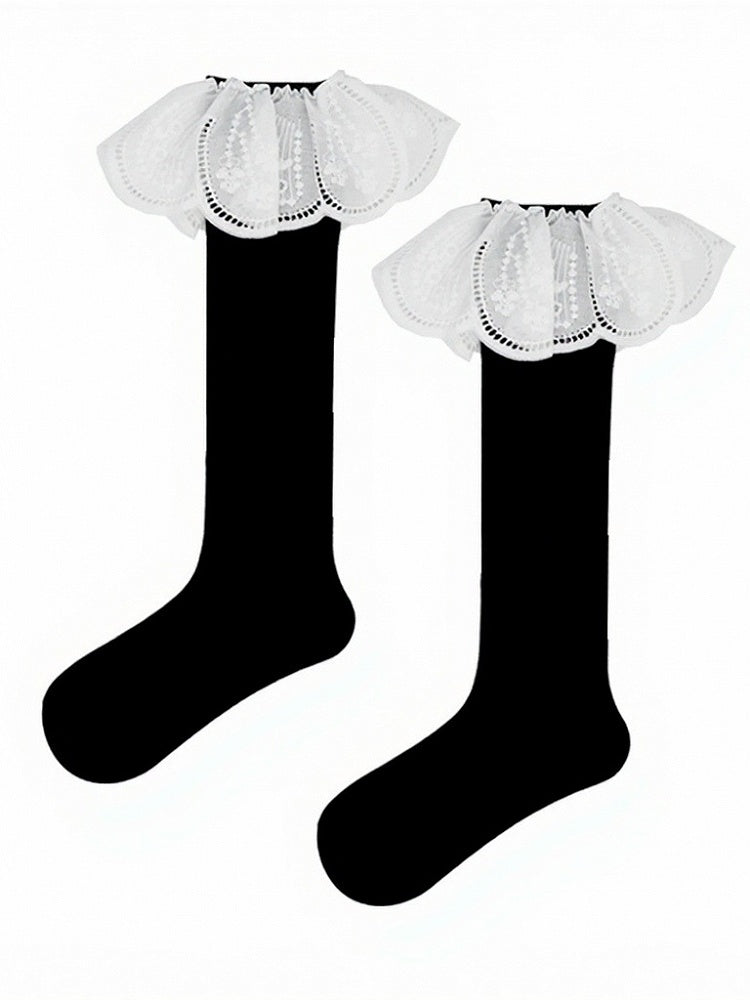 White and Black Calf Socks with Large Ruffle Trim - ModaSwings