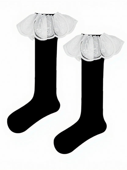 White and Black Calf Socks with Large Ruffle Trim - ModaSwings