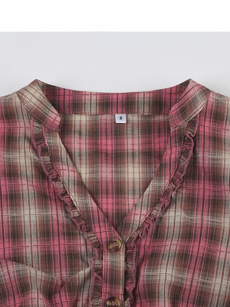 チェック柄袖フリルトリム柄シャツ Vネック Y2K ショートパンツ レッドブラウン