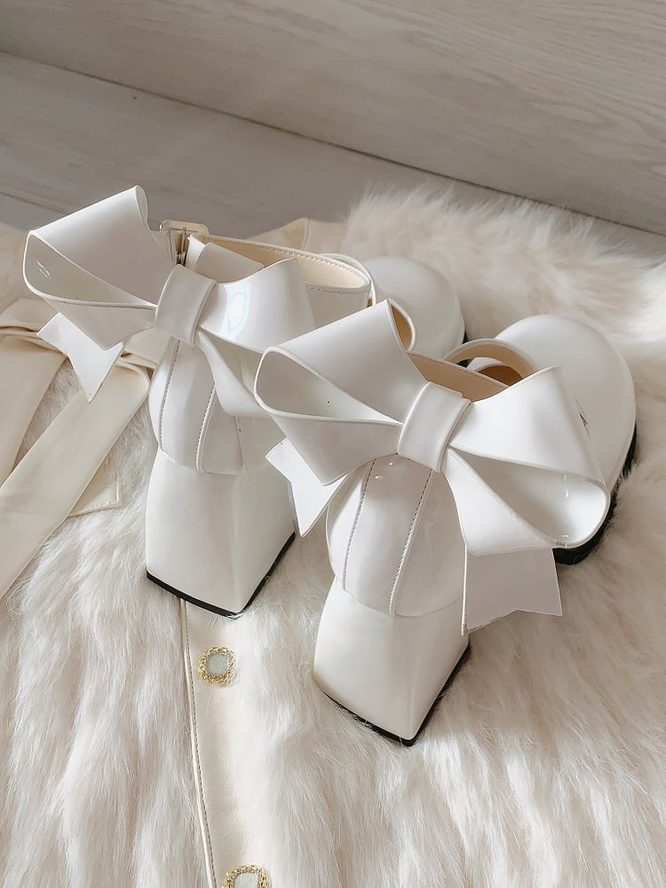 White Lolita Janes Bow at High Straps Heel Back with Buckle Mary Block
