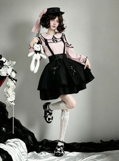 Rose Noir Peter Pan Collar Blouse with Lace Cutout Shoulders - AMAHAKAWA