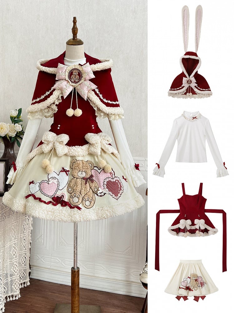Ears Red Knitted Cape Skirt JSK - Sweet Lolita Dress Winter + Bunny Set Bear-Themed Top Short White