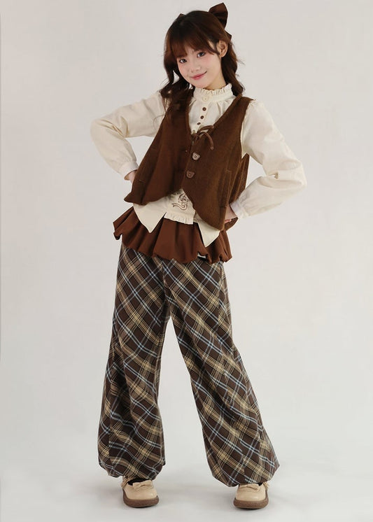 Pants Detail and Pockets Brown Ruffle Wide-Leg Plaid with