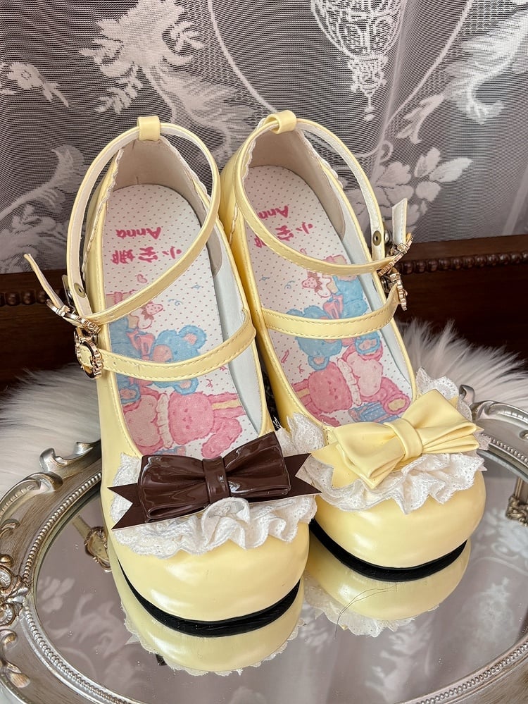 in Brown at Lace Lolita Trim Round Mid Toe Bow PU Top. Heel Heels Pudding Sweet Yellow