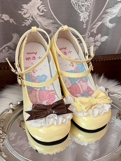 in Brown at Lace Lolita Trim Round Mid Toe Bow PU Top. Heel Heels Pudding Sweet Yellow