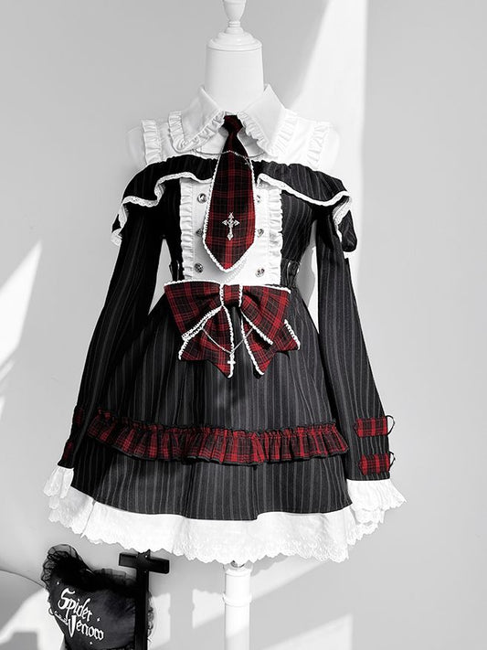 Kleid Bell Plaid Tie Idol und Schulterausschnitt Lolita Schwarz Bowknot Streifen Rot mit Ärmeln