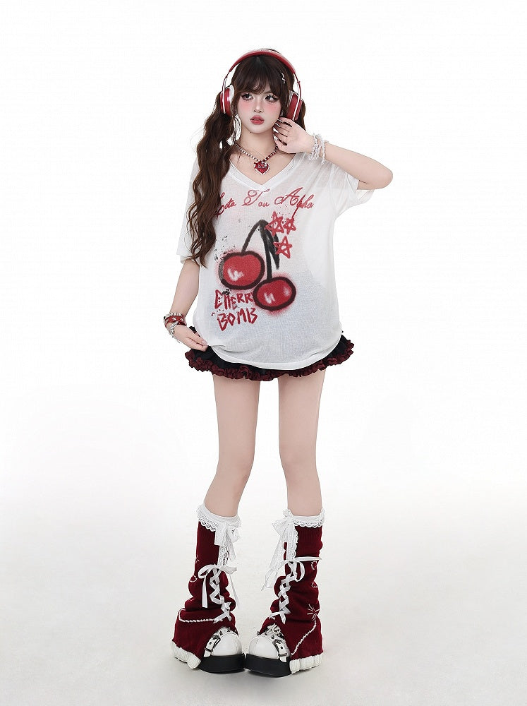 T-Shirt White Semi-Sheer V-Neck Cherry Print Sun Protection Bittersweet