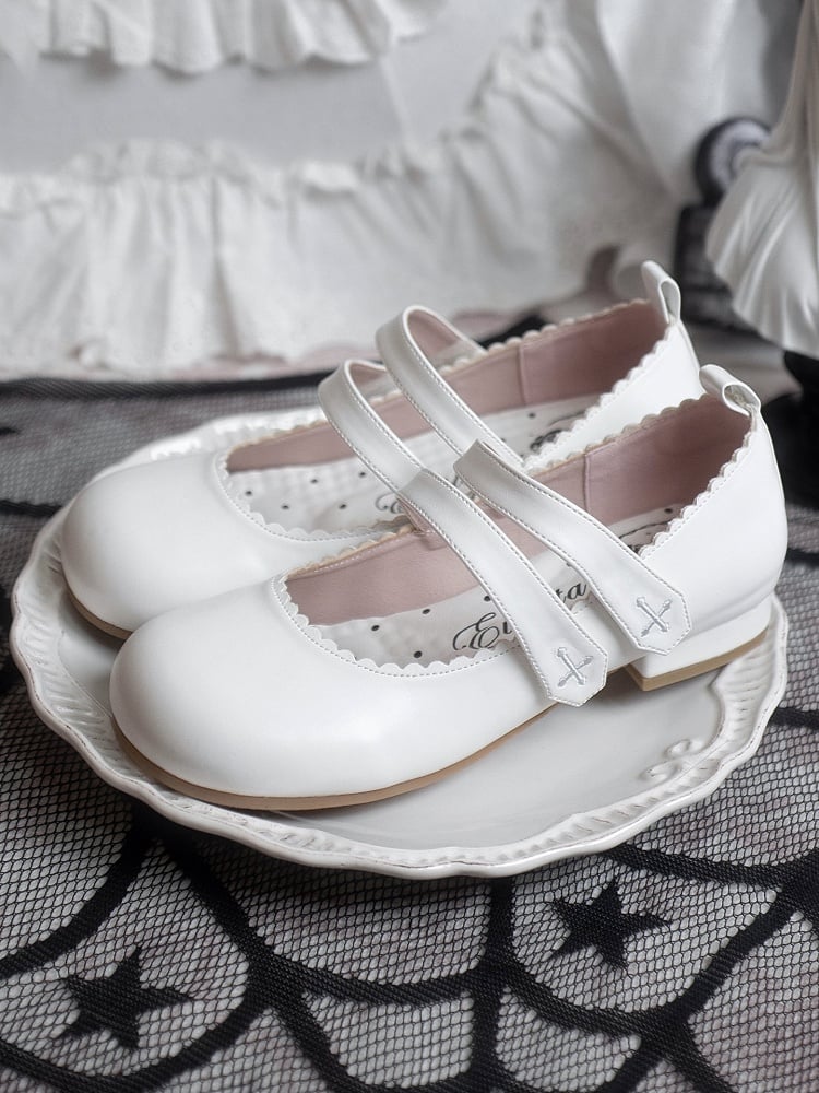 Round Cross White Flats Velcro Gothic Embroidery Toe Strap Closures