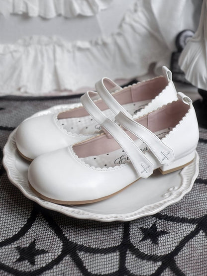 Round Cross White Flats Velcro Gothic Embroidery Toe Strap Closures
