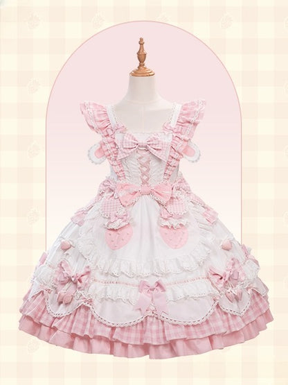 Details Sweet White with Pink Lolita Flutter Bow Dress Gingham Sleeves