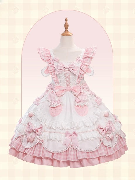 Details Sweet White with Pink Lolita Flutter Bow Dress Gingham Sleeves