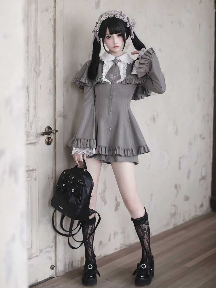 with Shorts Kei Tie Set: Jirai Bell-Sleeve Cape Detachable Mini Dress Gray Striped Matching