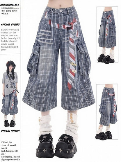 Blue Plaid Denim Wide Leg Cropped Pants with Belt Print - KNOW8 Online Shop