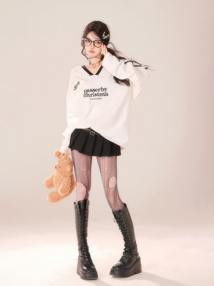 Sleeves White V-Neck Long Sleeve Preppy Top with Lettering Print and Striped