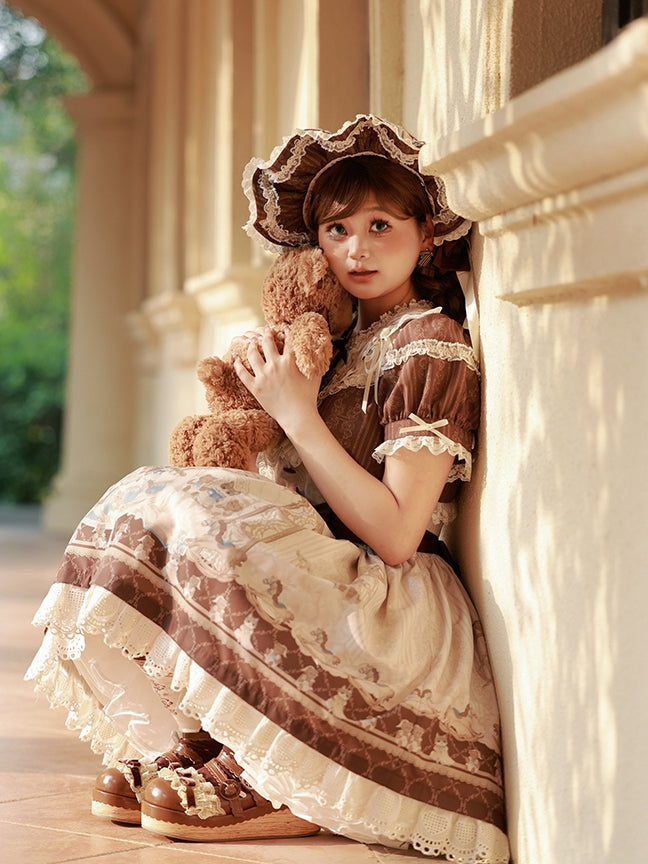 Braunes Lolita-Kleid mit Rüschen und Rundhalsausschnitt, Kitty- und Teddy-Print, Sweet Lolita OP