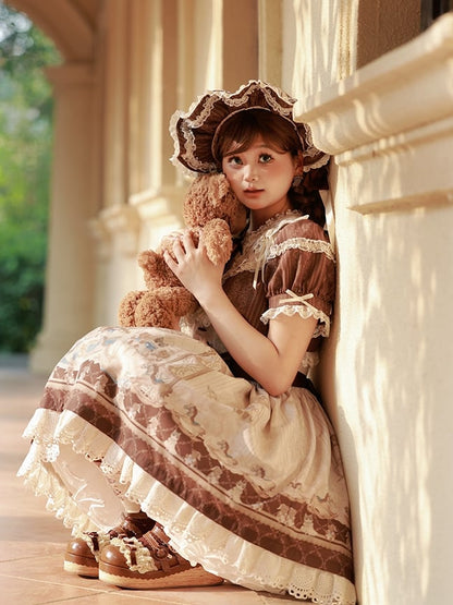 Teddy and Sweet Brown Lolita Print Ruffle Round Dress Neck Kitty OP