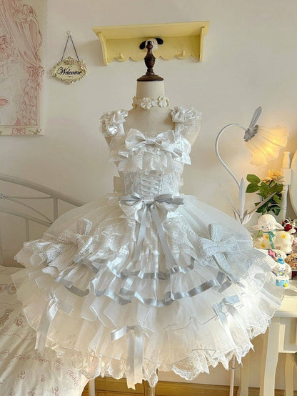 Lolita Accents Ruffle Skirt with Princess Layered Silver Dress White JSK and Bow