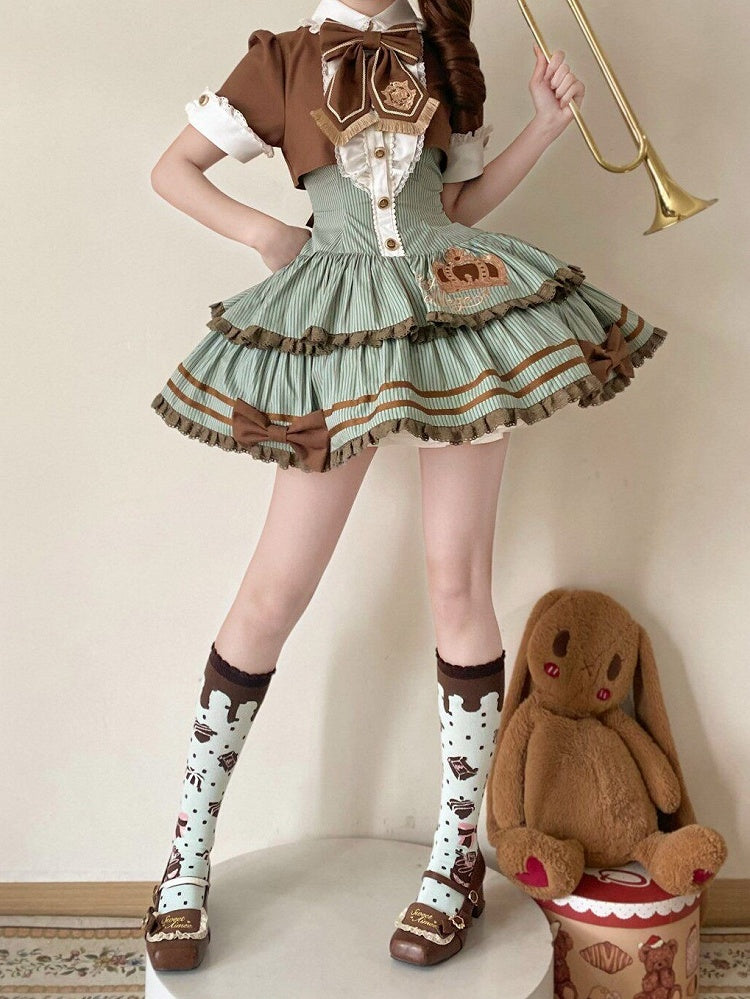 Green and Brown Preppy Striped Two-Piece Gown with Crown Embroidery - Fairy Faith