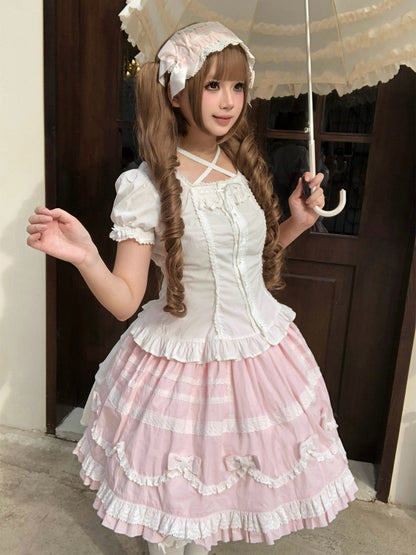 Pink & White Lace-Trimmed Skirt with Bow Accents - Hana Studio