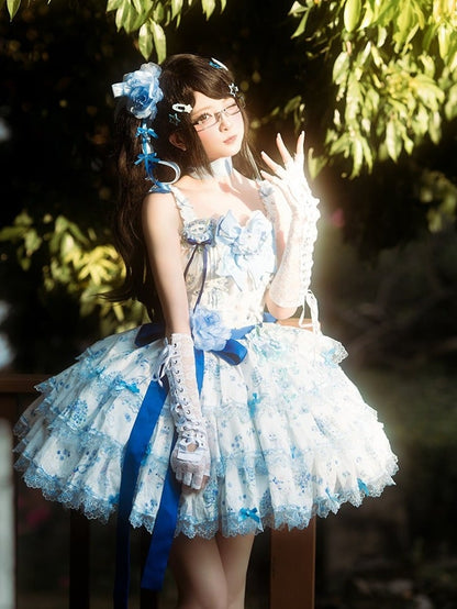 Blue & White Floral Print Lace-Up Lolita Dress Set with Bow Train & Floral Accents - signorina
