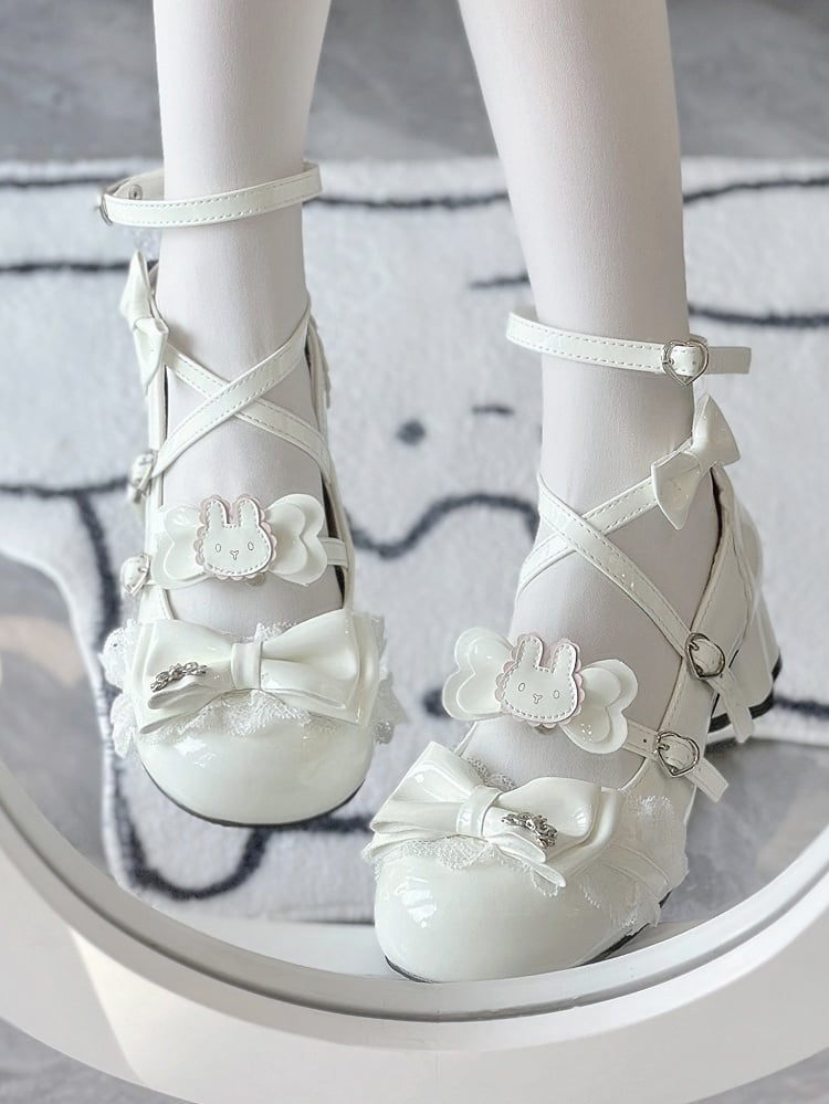 Mid Mary White Accents Bow Rabbit - Sweet Janes PU with Lolita Theme Heel