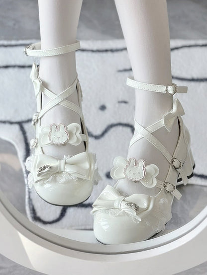 Mid Mary White Accents Bow Rabbit - Sweet Janes PU with Lolita Theme Heel