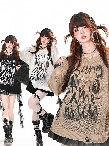 Top Distressed Weiß/Braun/Schwarz Buchstabendruck Löcher Sommer Sonnenschutz Aushöhlen