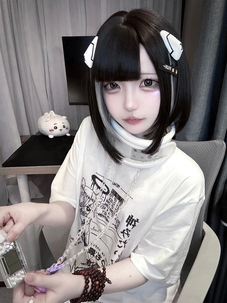 Jirai Schwarz/Weiß Rundhals Cyberpunk T-Shirt Print Kei Angel Baumwolle