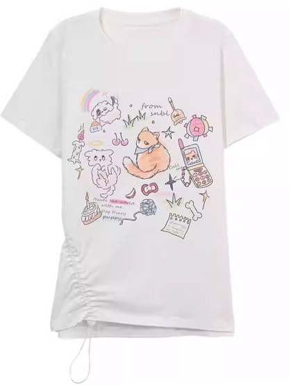 バージョンTシャツ ベージュ 愛らしいキツネプリント ロング/ショート